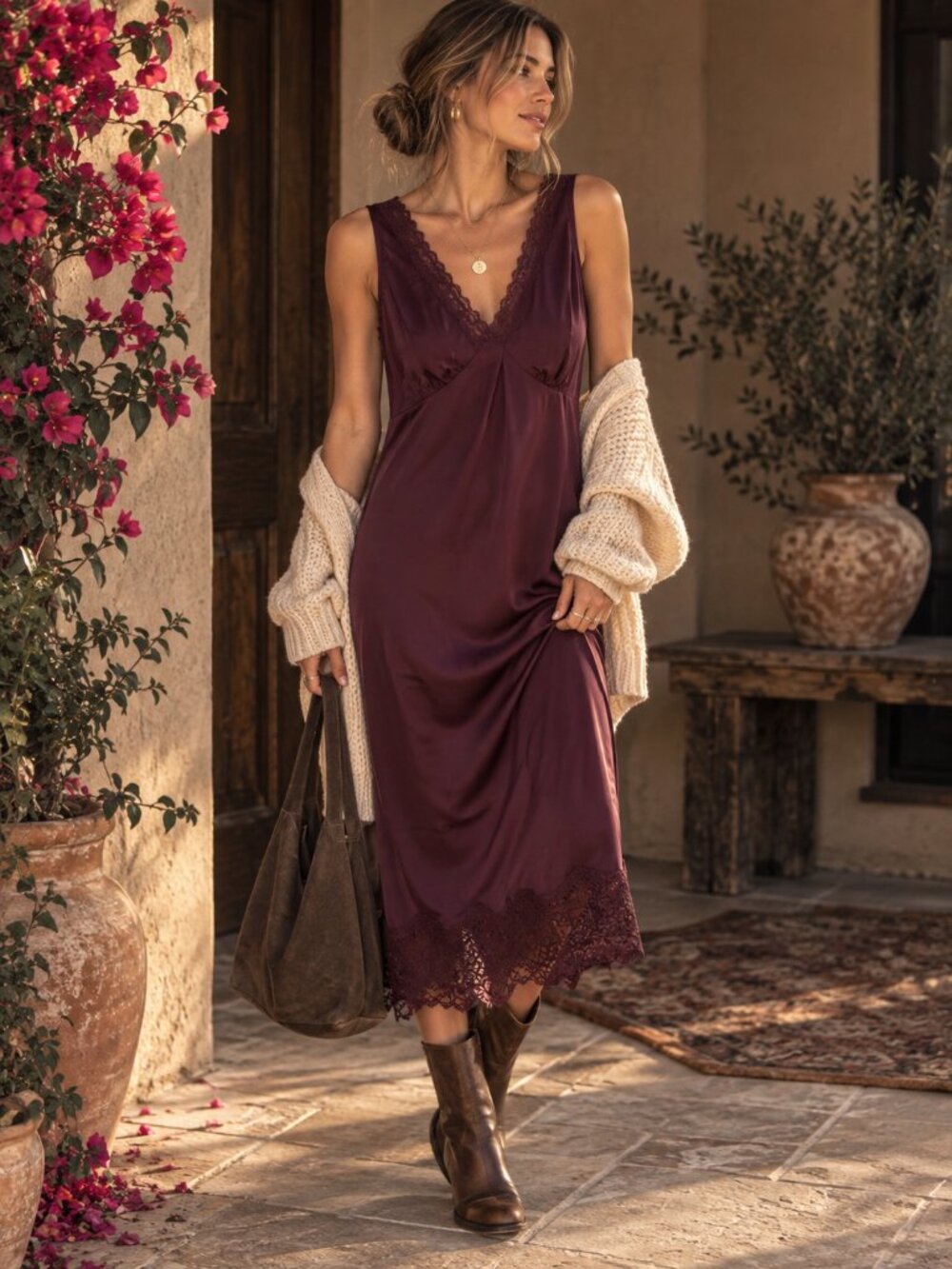 Old Navy Lace-Trim Satin Midi Dress Cherry Bark Burgundy L NWT